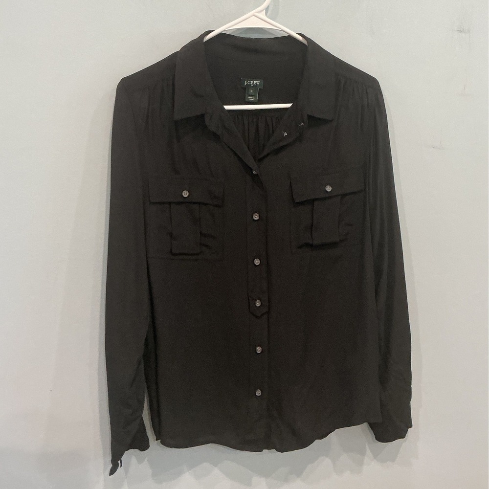 JCrew Womens Silk Button Down Shirt M Black Utility Pocket Blouse Classic Fall